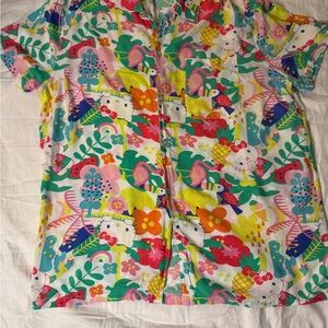 Hello Kitty Pink and Green womens Button Down Shirt size xl playful cartoon